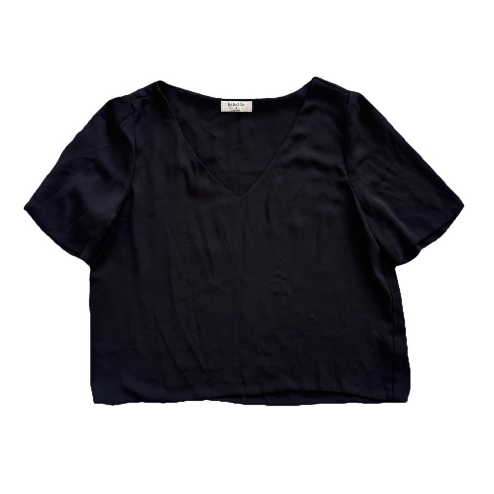 Babaton Aritzia Black Puff Sleeve V-Neck Basic Blouse M Work Office Capsule